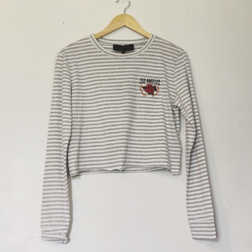 NWT Kendall + Kylie Gray and white striped cropped long sleeve sz S women's